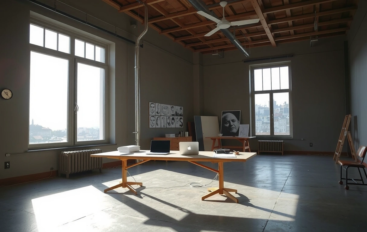 Sunlit interior of a converted Istanbul loft workspace with a drafting table and Bosphorus view.